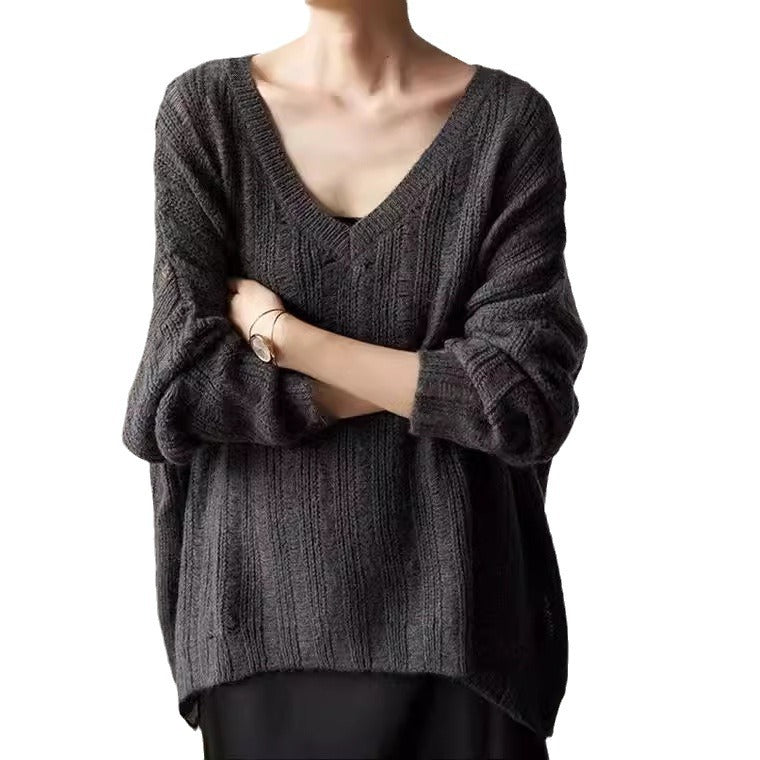 Damen Grobstrickpullover mit tiefem V-Ausschnitt und lässigem Schnitt Drune