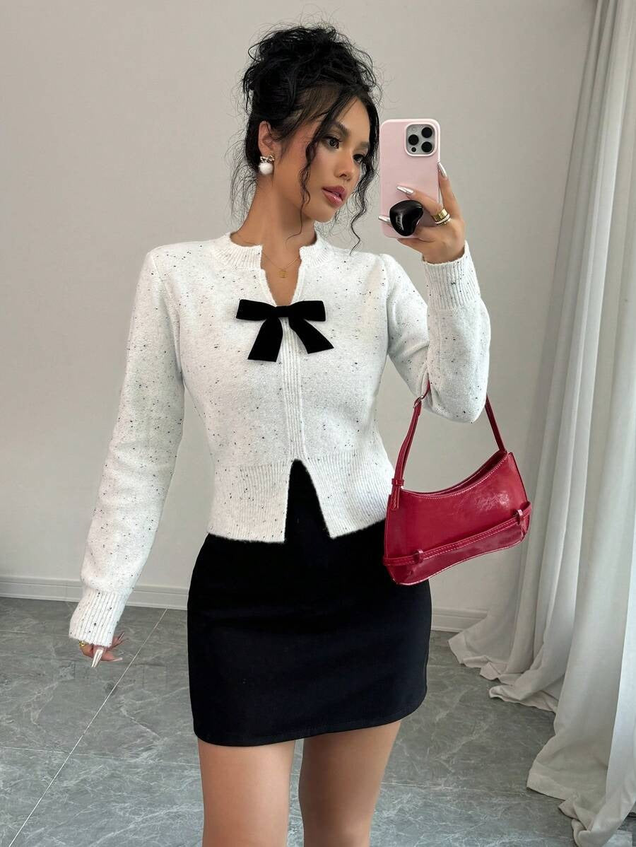 Damen Elegante Strickjacke mit dekorativem Schleifenakzent und tailliertem Schnitt Drune