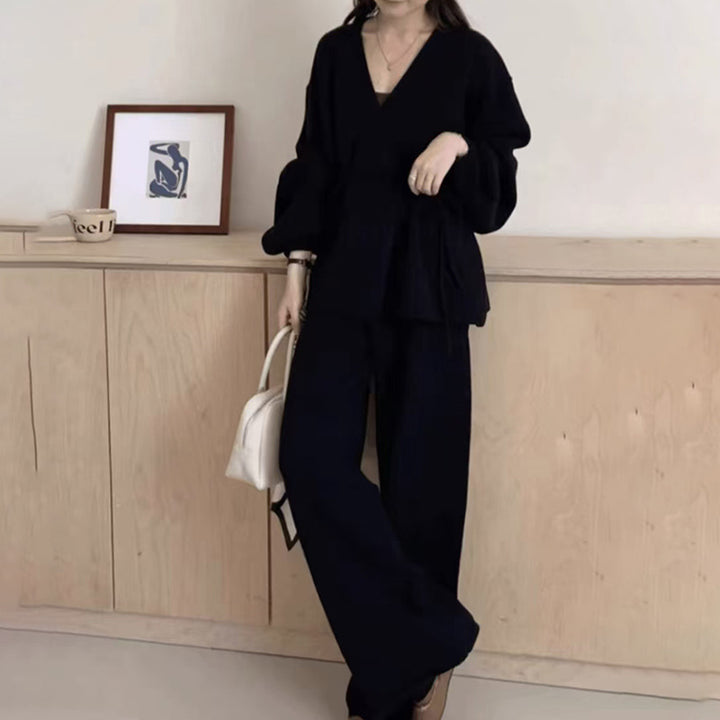 Damen elegantes Wickeloberteil mit weitem Schnitt und passender Hose Drune