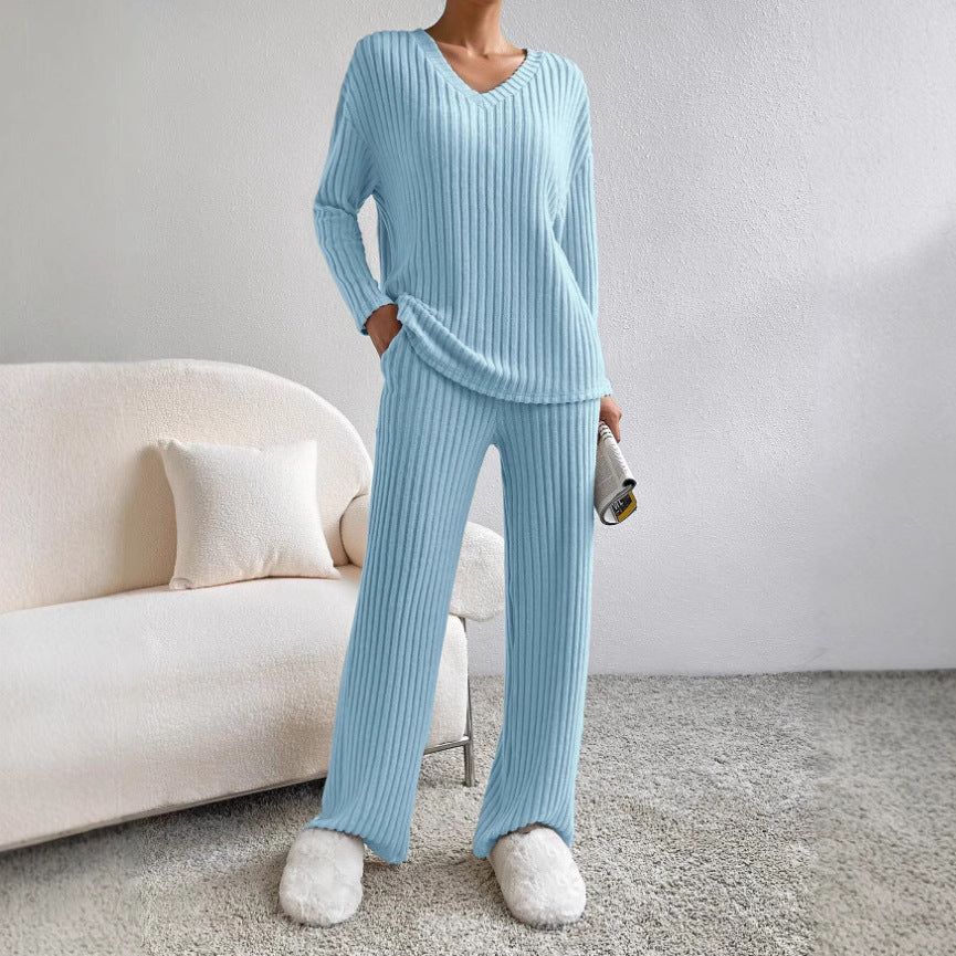 Damen Strick-Loungewear Set mit Rippenstruktur und V-Ausschnitt Drune