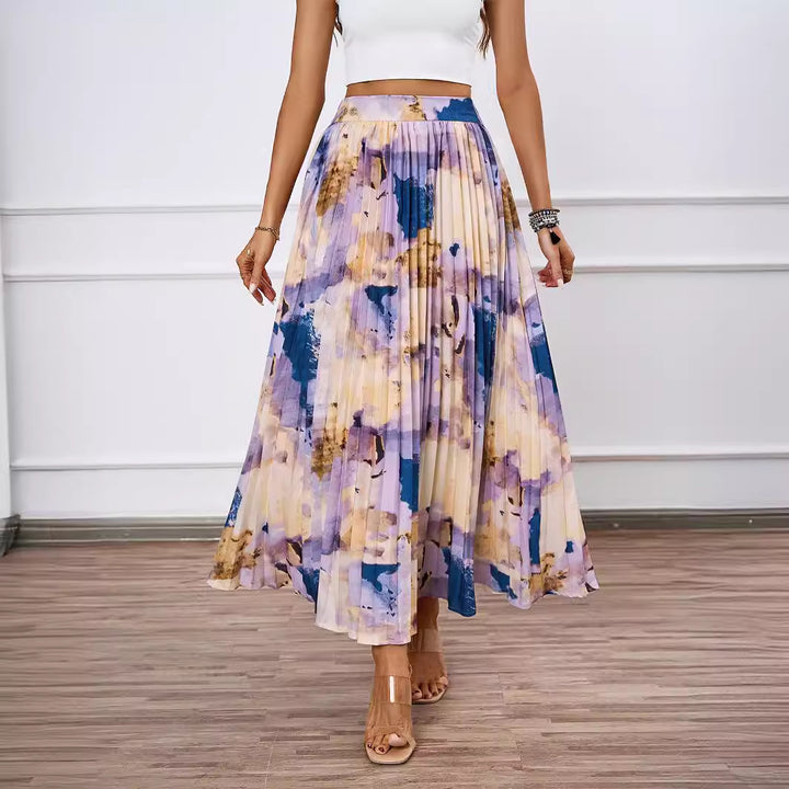 Damen Plissee-Rock mit farbenfrohem Aquarell-Muster und eleganter Taille Drune