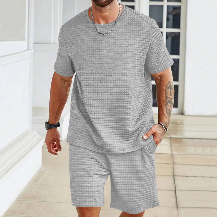 Herren nan Waffelstruktur Wohn- und Freizeit-Set mit weit geschnittenem Kurzarmshirt und kurzer Hose mit elastischem Bund Drune