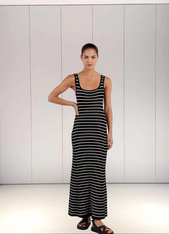 Damen Langes Strickkleid mit modischem Streifenmuster und tiefem Ausschnitt Drune