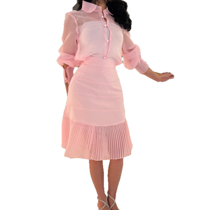 Damen Blusenkleid mit transparenten Ärmeln und Plissee-Rock Drune