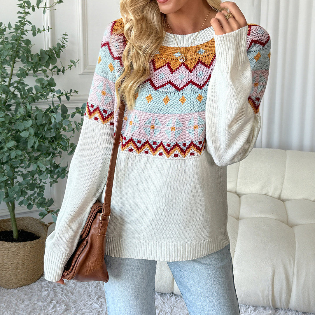 Damen modischer Pullover mit geometrischem Strickmuster und Rundhalsausschnitt Drune