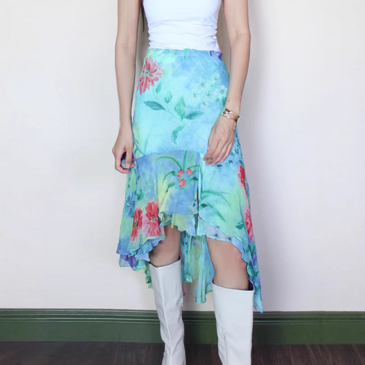Damen asymmetrischer Rüschenrock aus floralem Chiffon Drune