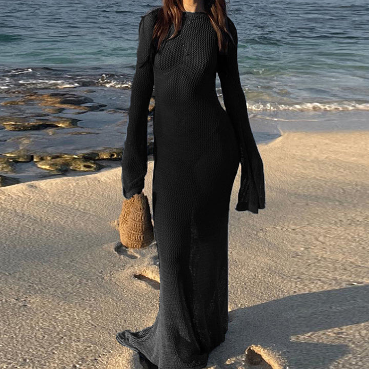Damen Häkel-Strandmaxikleid mit weitem Schnitt und eleganten Glockenärmeln Drune