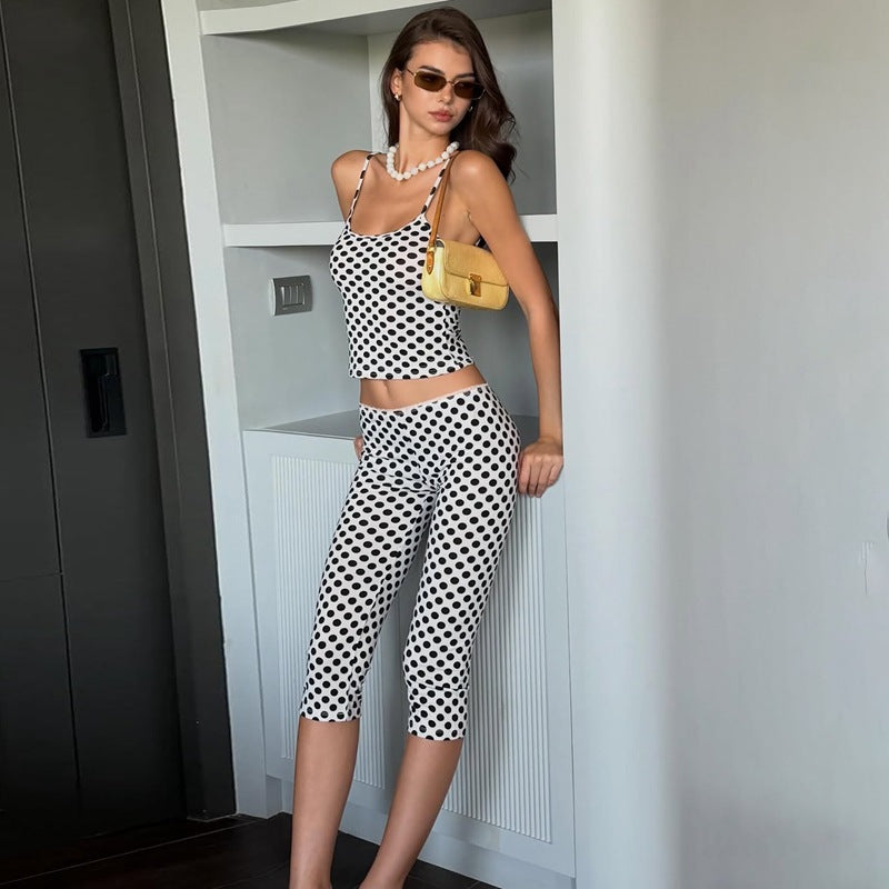 Damen modisches Polka-Dot-Outfit Set mit Crop-Top und knöchellangen Leggings Drune