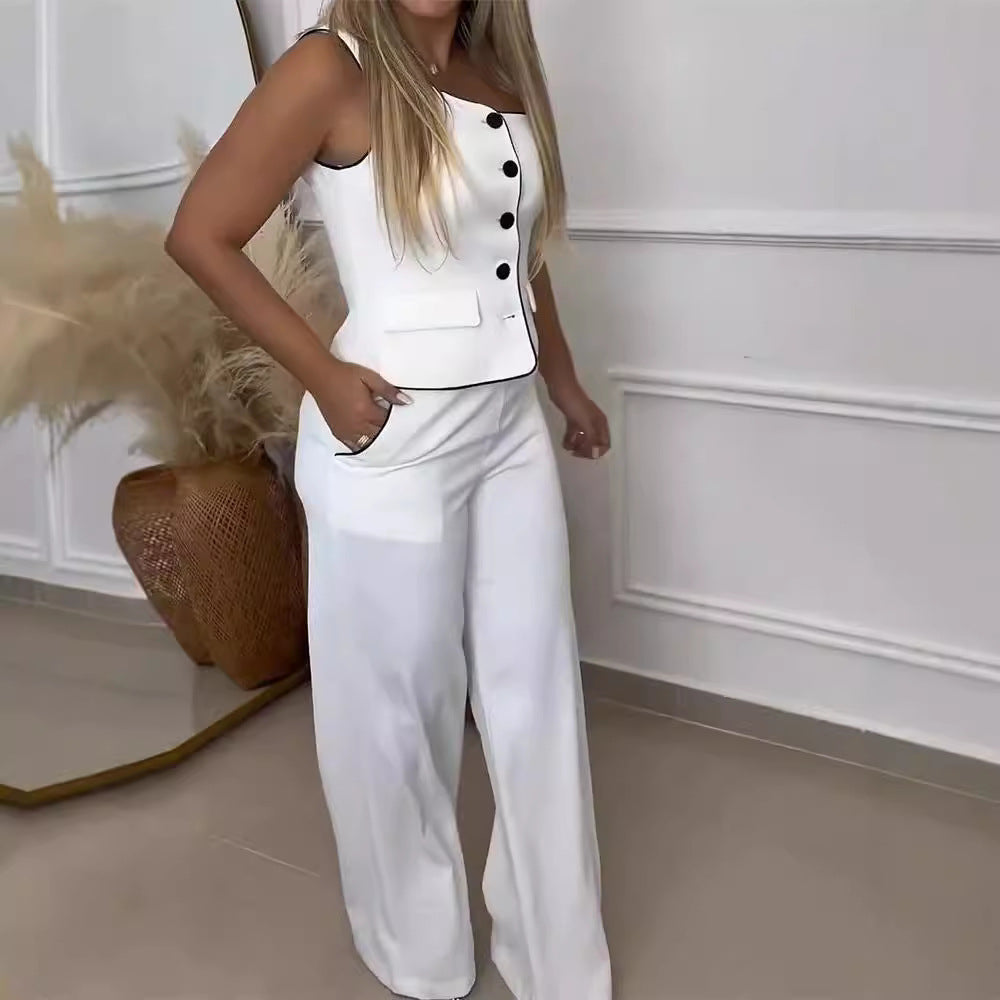 Damen Elegantes Zweiteiliges Outfit mit Schmuckknöpfen und weit geschnittenen Hosen Drune