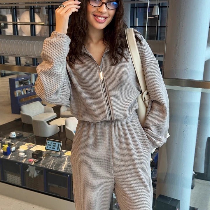 Damen lässiger Jumpsuit mit durchgehendem Reißverschluss und weitem Bein Drune