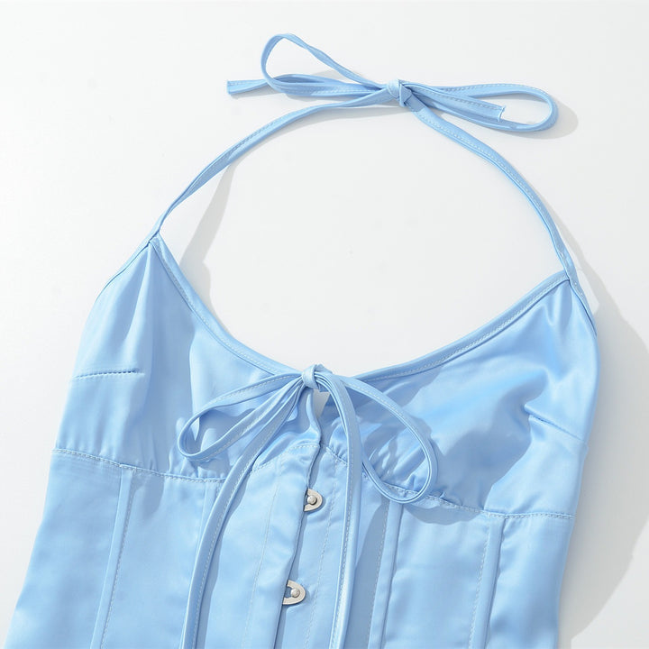 Damen Satin-Nachtkleid mit dekorativen Bindebändern und Knopfleiste Drune