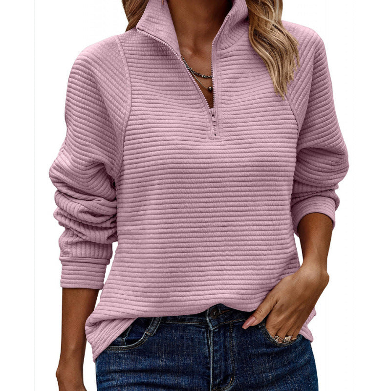 Damen kuscheliger Stepp-Pullover mit hohem Kragen und halbem Reißverschluss Drune