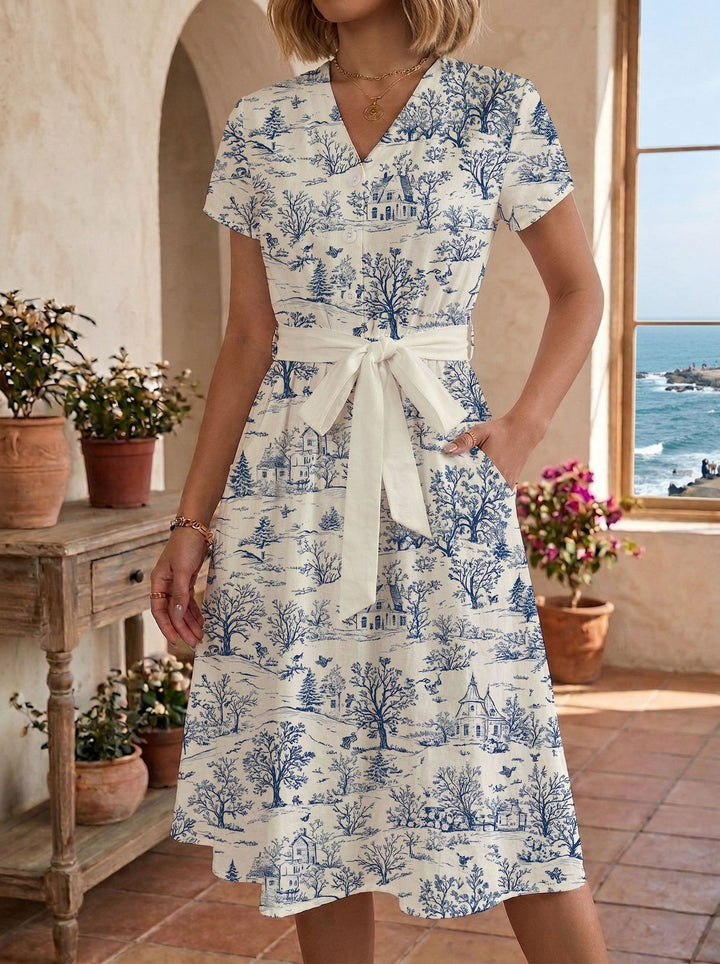 Damen Sommerliches Kleid mit taillierbarem Bindegürtel und floralem Muster Drune