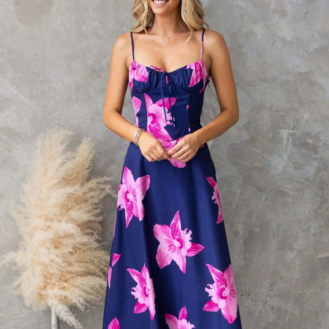 Damen Maxikleid mit floralem Muster und raffiniertem Rüschendetail Drune
