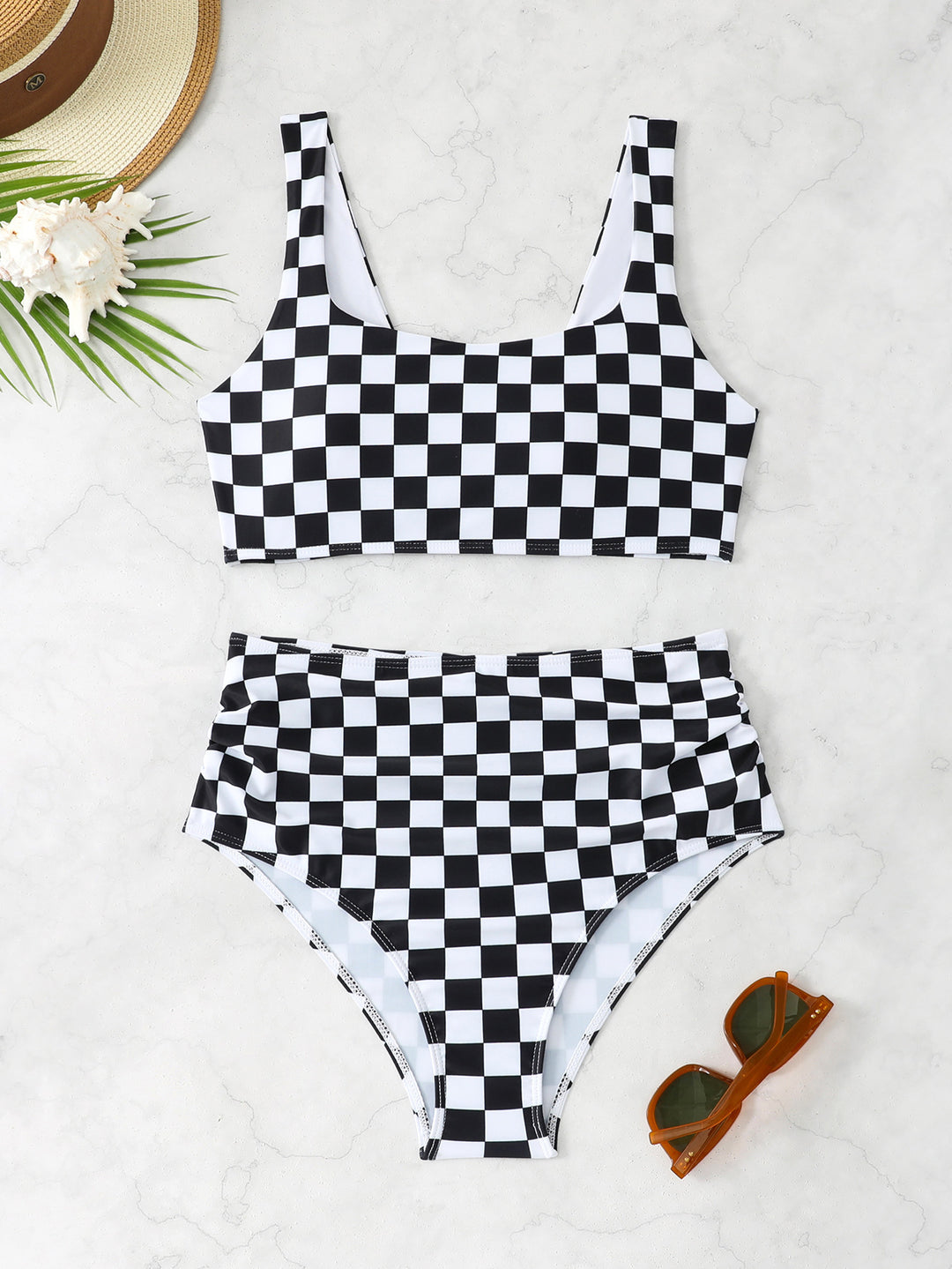 Damen Hochband-Bikini-Set mit kariertem Design Drune