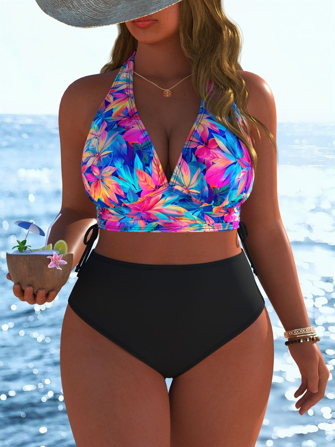 Damen Bikini-Set mit modernem Wickeloberteil und hoch tailliertem Höschen Drune