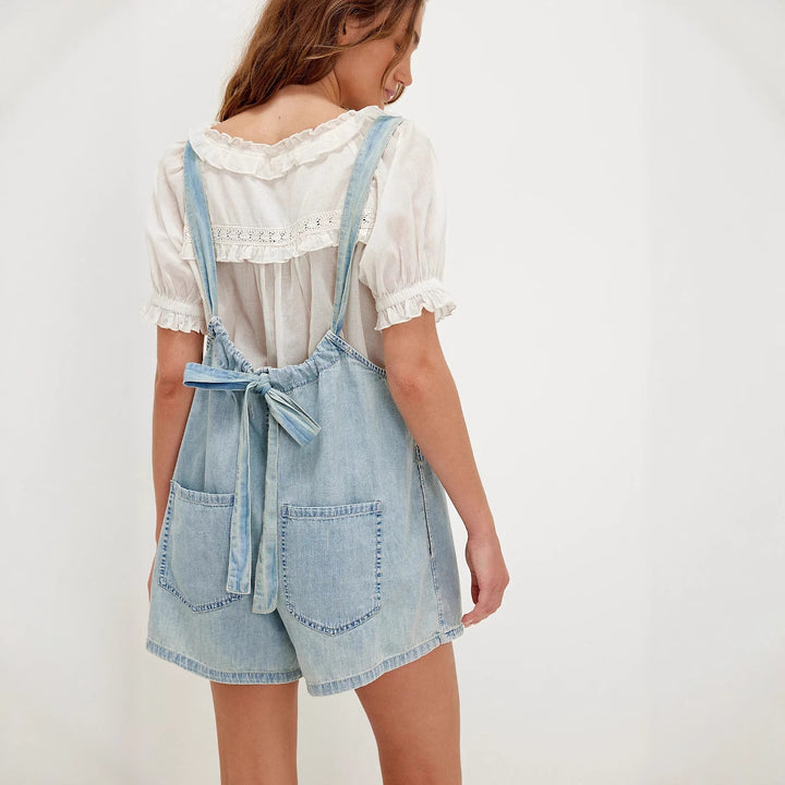 Damen Denim-Shortoverall mit gerafftem Ausschnitt und seitlichen Taschen Drune