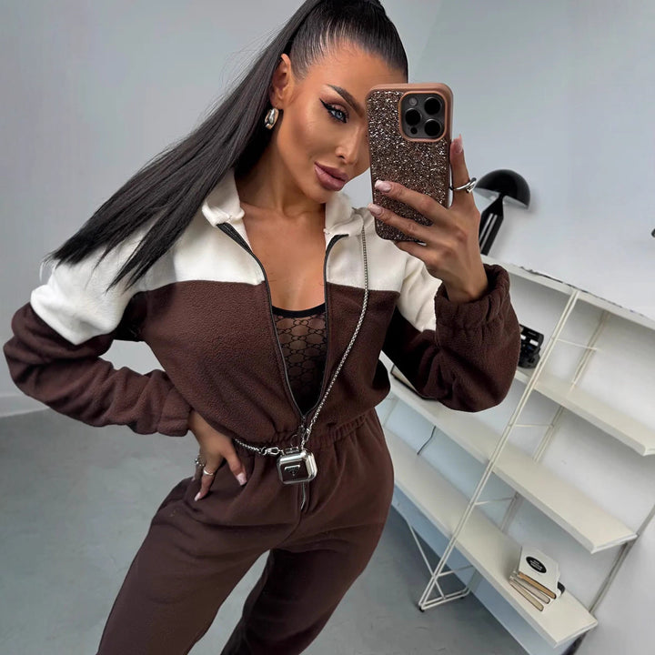 Damen lässiger Fleece-Overall mit elegantem Reißverschluss und Kapuze Drune