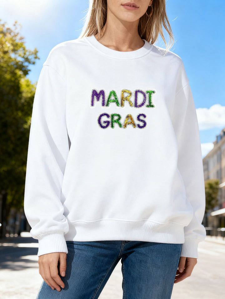 Damen Sweatshirt mit lebhaftem Mardi Gras Schriftzug Drune