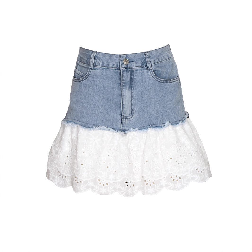 Femme Denim und Spitze A-Linie Rock Drune