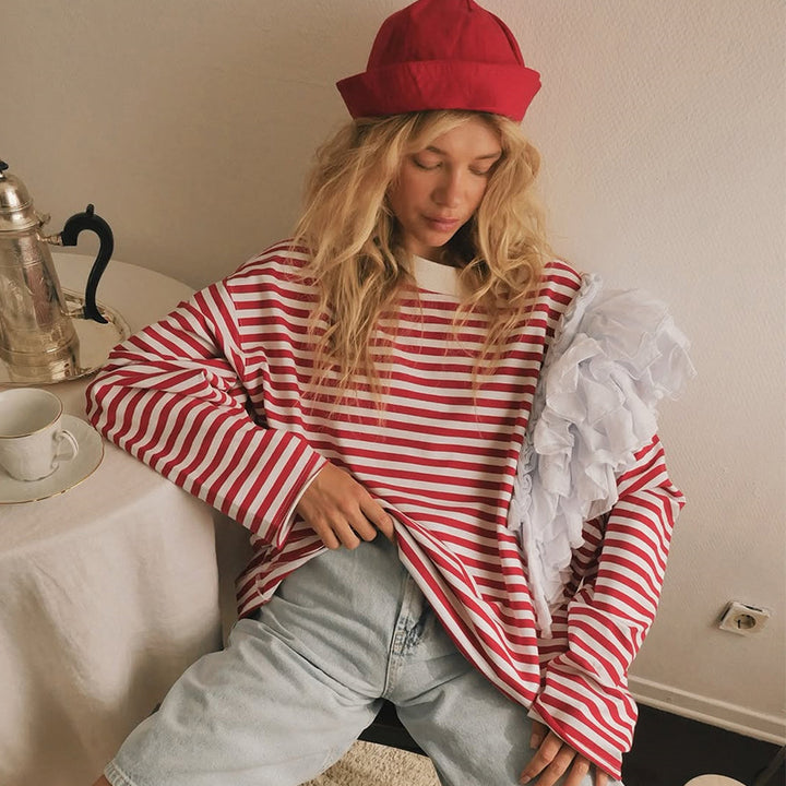 Damen Oversize Streifenpullover mit Rüschendetails Drune
