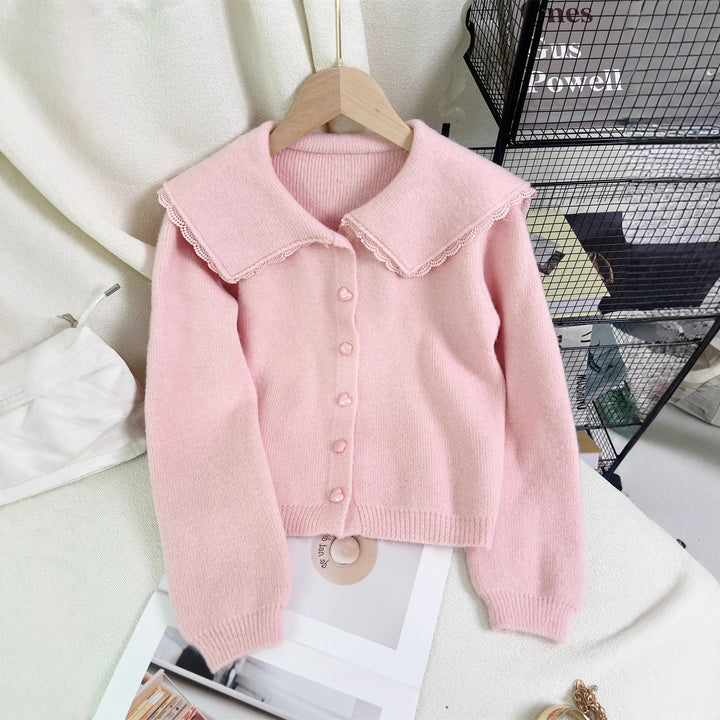 Damen niedliche Strickjacke mit großem Kragen und dekorativen Knopfdetails Drune