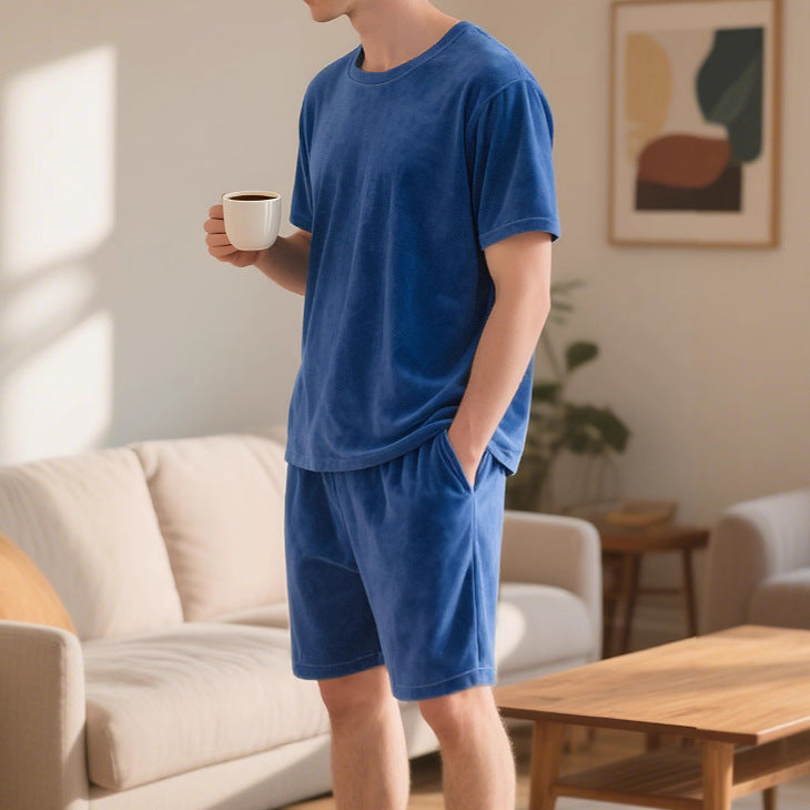 Herren nan Samtvelours Lounge-Set mit Rundhals-Kurzarmshirt und Kordelshorts Drune
