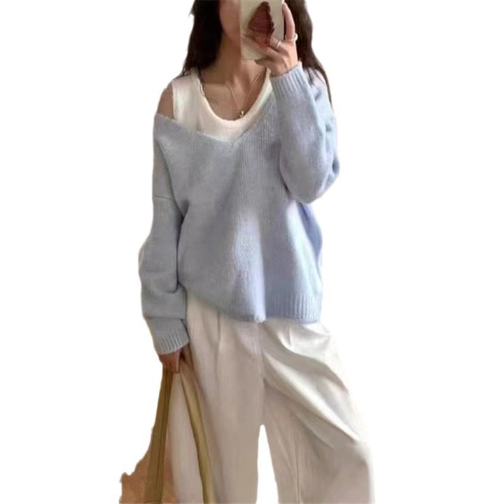 Damen lässiger Pullover mit einem modernen V-Ausschnitt und offenen Schultern Drune