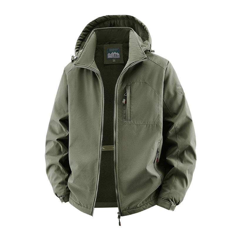 Herren nan multifunktionale Softshell-Tacticaljacke mit versteckter Kapuze, vertikaler Brusttasche und atmungsaktivem Fleecefutter Drune