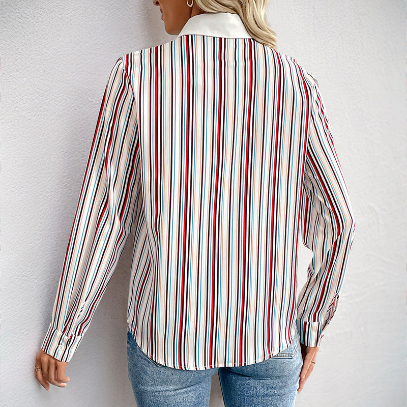 Damen Hemdbluse mit modischem Streifenmuster und eleganter Kragenverzierung Drune