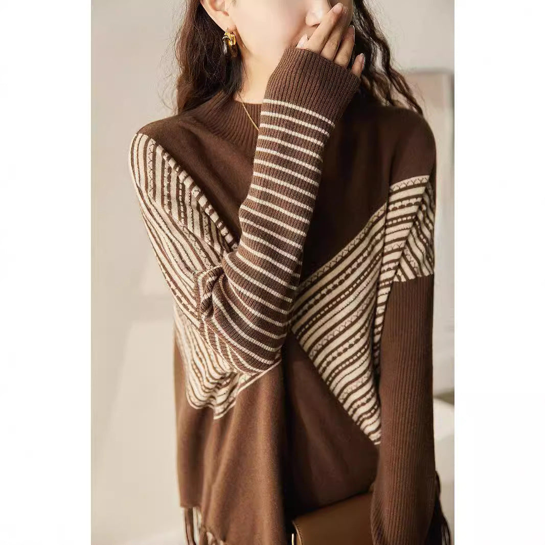 Damen Oversized Pullover mit grafischem Streifenmuster und Fransen Drune
