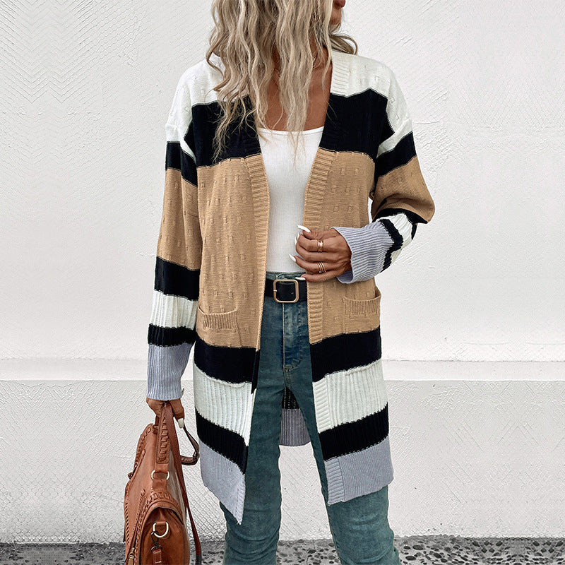 Damen Langer Strickcardigan mit modischem Streifenmuster und Taschen Drune