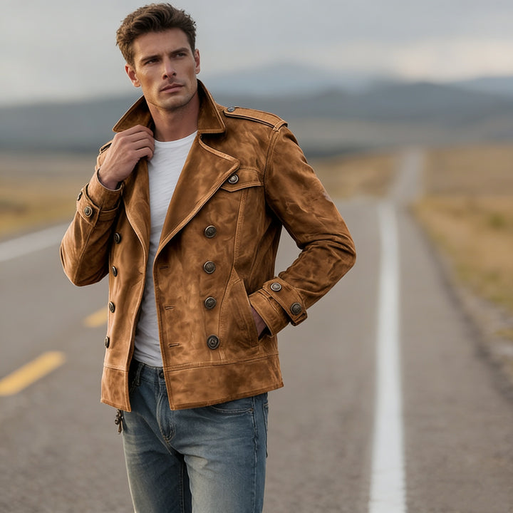 Herren nan doppeltreihige Vintage-Lederjacke mit Reverskragen und Schulterpatten Drune