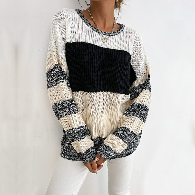 Damen lässiger Strickpullover mit modischem Blockdesign und weiten Ärmeln Drune