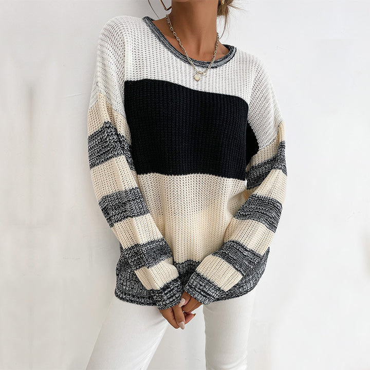 Damen lässiger Strickpullover mit modischem Blockdesign und weiten Ärmeln Drune