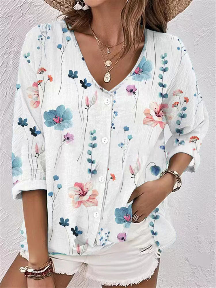 Damen Bluse mit floralem Druck und modernem Knopfdesign Drune