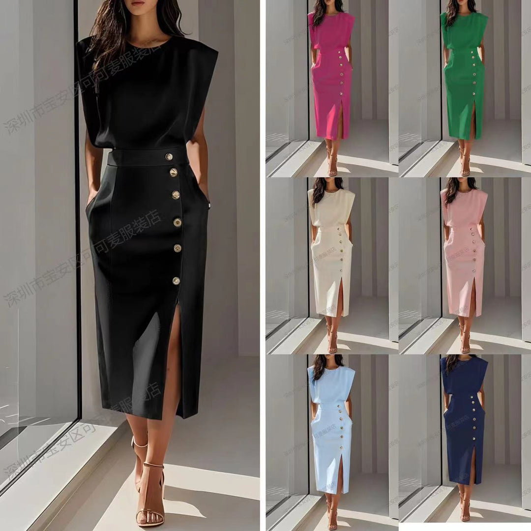 Damen Elegantes Abendkleid mit hohen Schultern und seitlichem Schlitz Drune