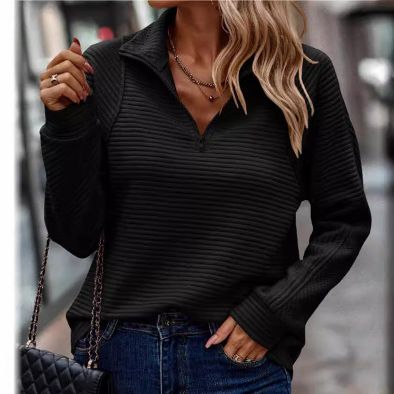 Damen kuscheliger Stepp-Pullover mit hohem Kragen und halbem Reißverschluss Drune