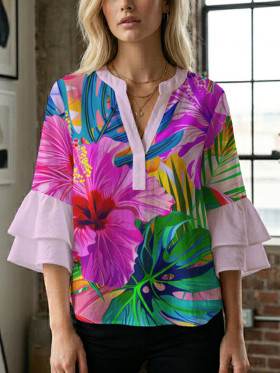 Damen Bluse mit voluminösen Rüschenärmeln und floralem Muster Drune