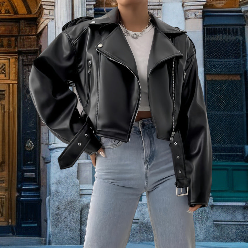 Damen Kunstleder Bikerjacke mit weitem Schnitt und umfangreichen Details Drune