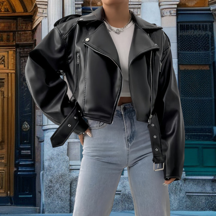 Damen Kunstleder Bikerjacke mit weitem Schnitt und umfangreichen Details Drune