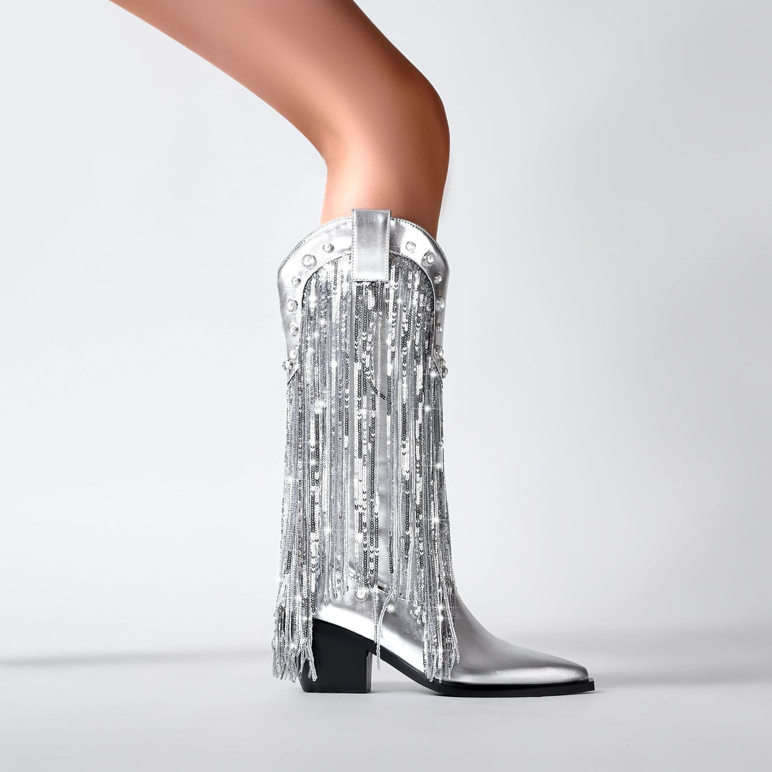 Damen Western-inspirierte Fransen-Detail Knielange Stiefel Drune