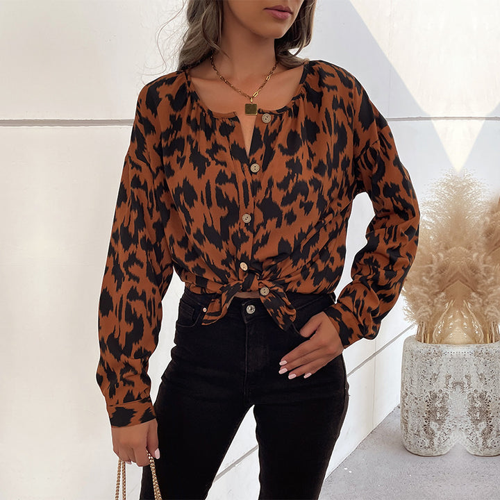 Damen Bluse mit Knotenverschluss und animalischem Print Drune