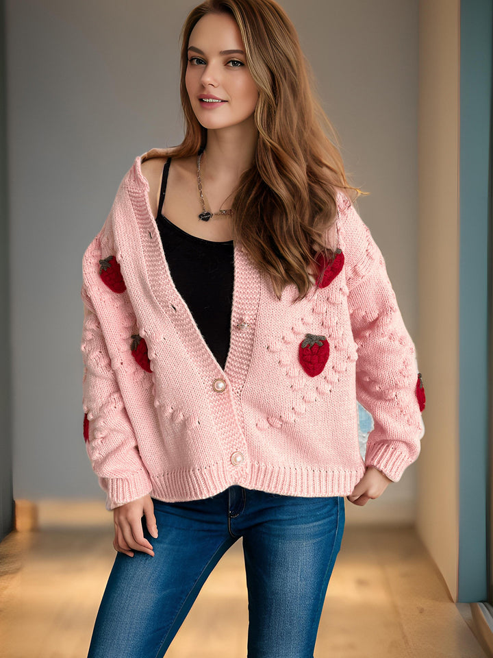 Damen Strickjacke mit verspieltem Erdbeermotiv und Knopfdetails Drune
