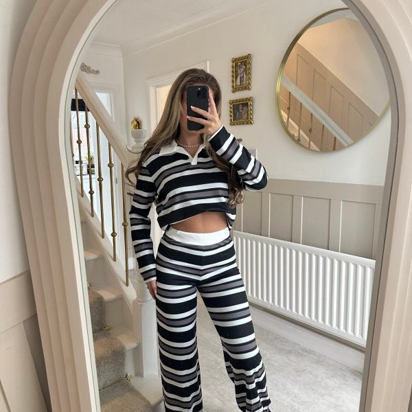 Damen modisches Freizeit-Set mit gestreiftem Pullover und weiten Hosen Drune