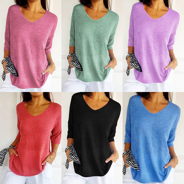 Damen nan locker sitzender V-Ausschnitt Feinstrickpullover mit dreiviertelÄrmeln Drune