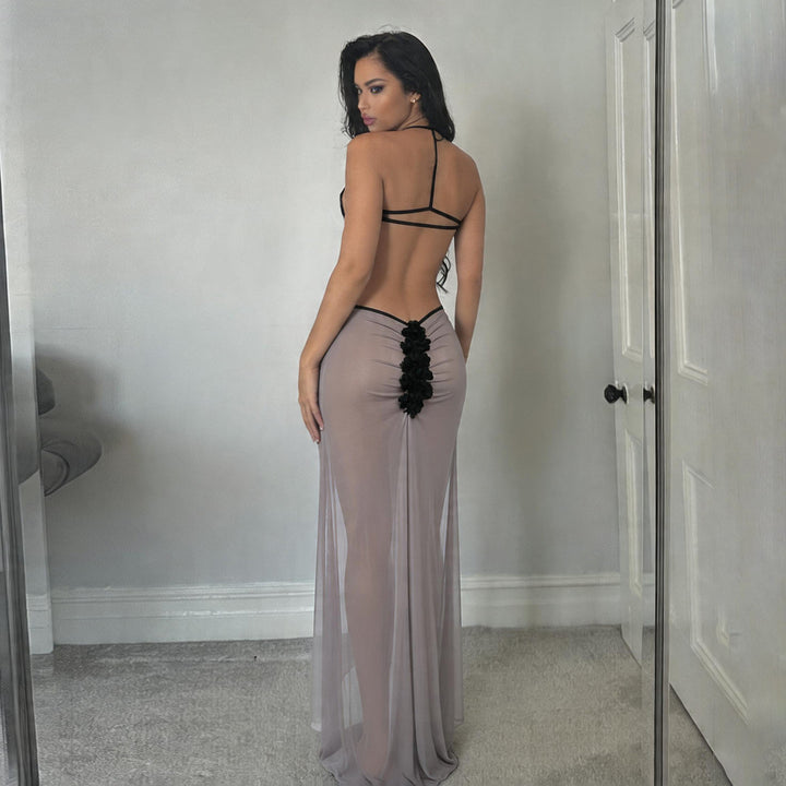 Damen Transparente Maxikleid mit verführerischem Cut-Out und sexy Rückenausschnitt Drune