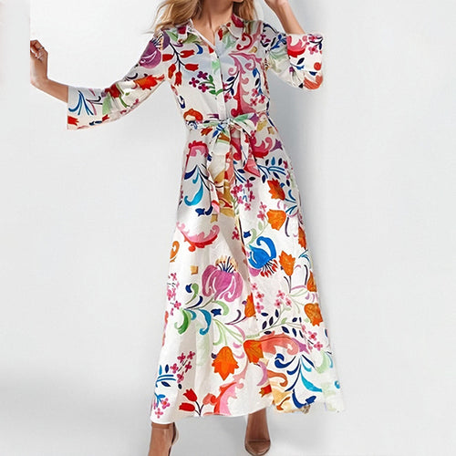 Damen Maxikleid mit floralem Druck und taillierbarem Gürtel Drune