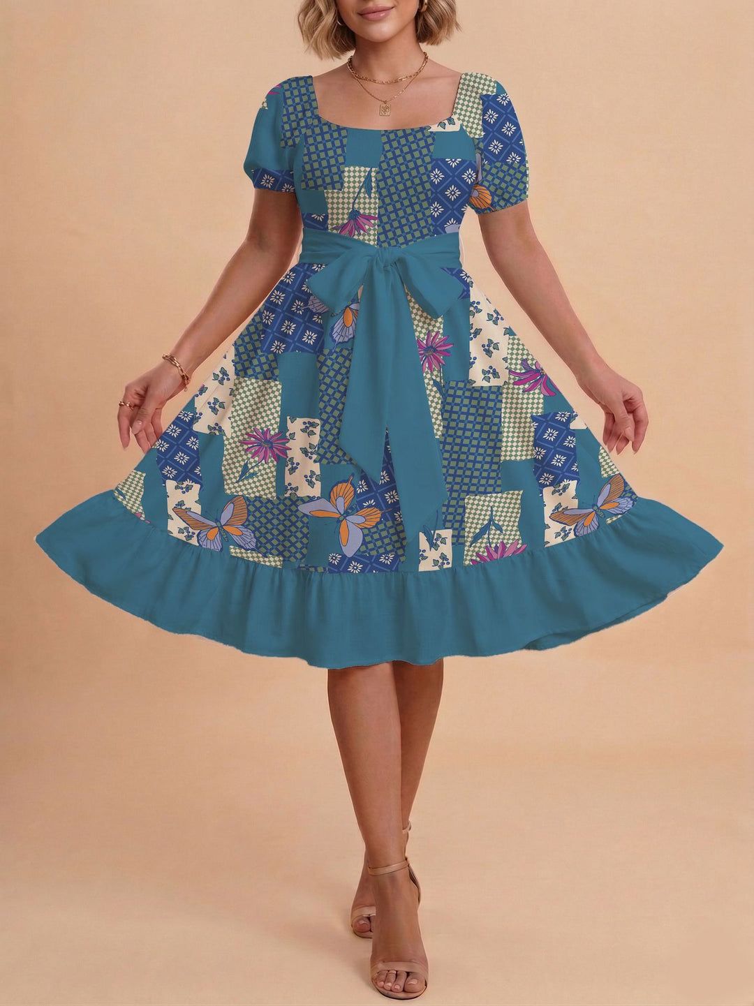 Damen Retro Maxikleid mit Puffärmeln und Taillengürtel Drune