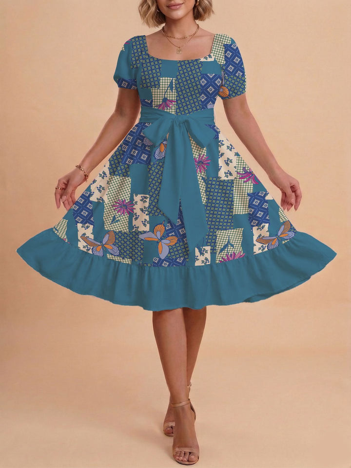 Damen Retro Maxikleid mit Puffärmeln und Taillengürtel Drune